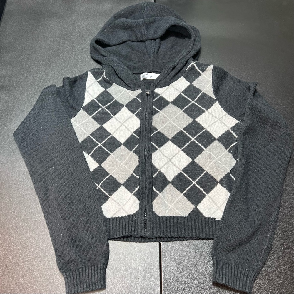 Hollister Full Zip Hooded Argyle Sweater  Women’s Sz. Med Black White Silver